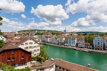 Fototapeta na wymiar The embankment of the city of the river Limmat. Zurich, Switzerland