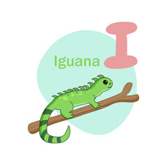 Animals alphabet. Cute iguana isolated on white background. Vector illustration for teaching children learning a foreign language.