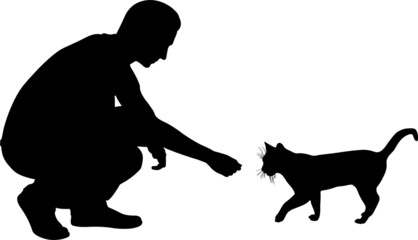 silhouette of man feeding a cat - 426974955