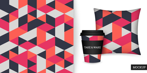 Geometric seamless pattern. Abstract background with colorful geometric shapes. Ornament with triangles. Repeating texture. Vector illustration. Design paper, wallpaper, textile, fabric. Mockup.