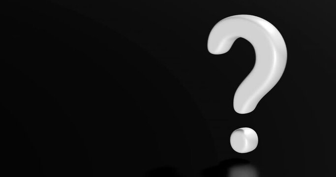 3d question mark symbol, white, rotating, on black background.