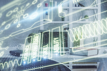 Double exposure of education theme drawing and office interior background. Concept of science.