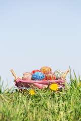 Traditionally painted Easter eggs from Bucovina region in Romania in a basket outside in the spring green grass