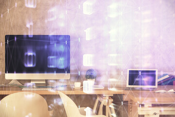 Fototapeta premium Multi exposure of data theme drawing and office interior background. Concept of technology.