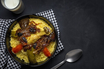 Traditional homemade couscous with chicken and vegetables.
