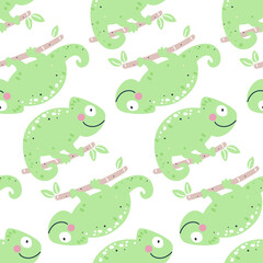 Childish seamless pattern with chameleons.