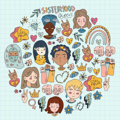 Fototapeta premium Femenism. Woman. 8 march. Pattern with asian, afro-american, caucasian girls. Sisterhood with indian woman. People society.