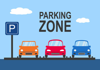 City car park with a set of different cars and parking sign in flat design. Parking area.