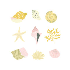 Marine life objects in pastel colors.  Nature under water. Flat design, vector illustration