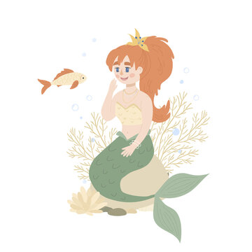 Cheerful mermaid sits on a stone. Childish vector illustration for apparel design, poster, wall art.