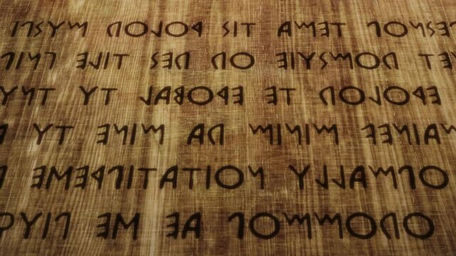 A wooden tablet, full of carved signs in Etruscan (a civilization of Italy in ancient times). Movement from 2D to 3D, detail to entire content. Fake text (it's the latin public domain Lorem Ipsum).
