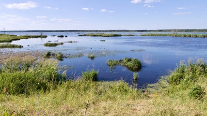 Calm lake Turawa in Poland on a sunny day, with blue sky and few clouds