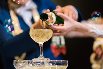 pour champagne, wineglass, celebration, dinner,