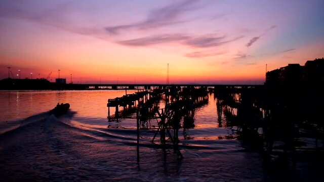 Chioggia, Venice, Italy: night landscape of the bay with poles for clams breeding