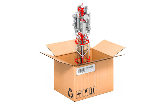 Mobile Tower With Cellular Phone Antennas Inside Cardboard Box, 3D Rendering