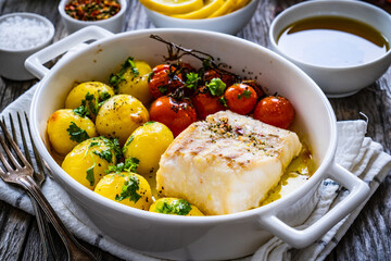 Fish dish - baked cod fillet with potatoes and cherry tomatoes on wooden table
