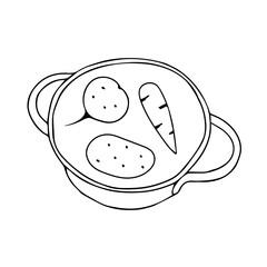 Black hand drawing outline illustration of a saucepan with vegetable in hot water for cooking isolated on a white background. Top view