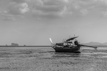 long tail boat on the beach, Phuket, Thailand, Black and white tone.