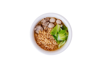 Instant noodles, Chinese cabbage, pork, pork meatballs in a ceramic bowl on a white wooden floor, top view. with clipping path.
