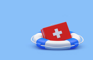 Red first aid kit in a lifebuoy on blue. 3d illustration 