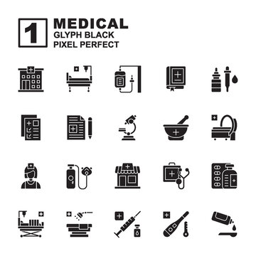 Icon set Medical made with Glyph black technique, contains a hospital, bed, stretcher, pharmacy, MRI, oxygen, nurse and more. You can be used for web, mobile and ui. Editable stroke and pixel perfect.