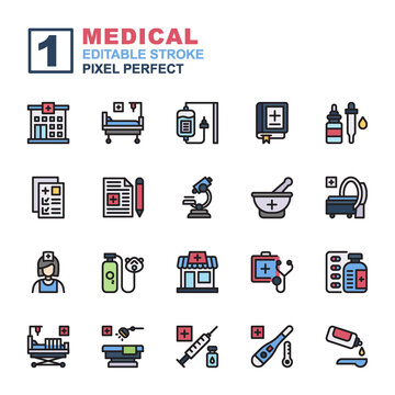 Icon set Medical made with Line color technique, contains a hospital, bed, stretcher, pharmacy, MRI, oxygen, nurse and more. You can be used for web, mobile and ui. Editable stroke and pixel perfect.