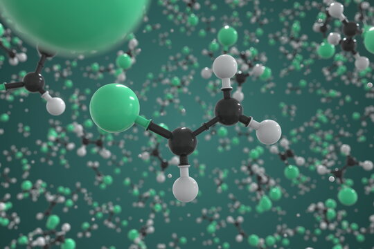 Chloroethene molecule made with balls, scientific molecular model. Chemical 3d rendering