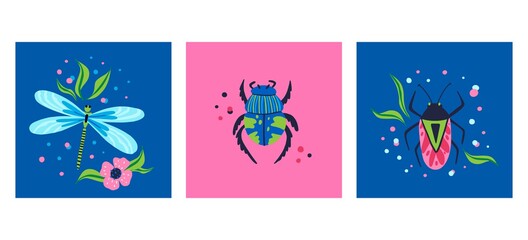 Cartoon beetle poster set. Doodle bright colorful hand drawn bug and dragonfly, beautiful insect pink and blue colors modern decor element, vector isolated illustration, contemporary print collection