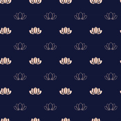 Lotus flower in gold color. Seamless scalable pattern. Floral design for packaging, website or textiles. Blue background with gold ornaments.