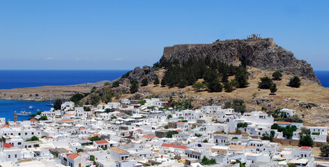 Lindos village and the Acropolis Hill, Rhodes Island, Greece