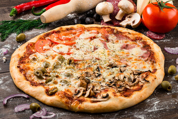 Four Season Pizza slice on the wooden table