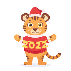 Cute tiger in a sweater and Santa's hat wishes a Happy New Year 2022. Year of the tiger. Vector illustration