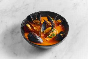 Thick Tuscan caciucco soup with seafood. Classic red soup with mussels, scallops and fish in a...