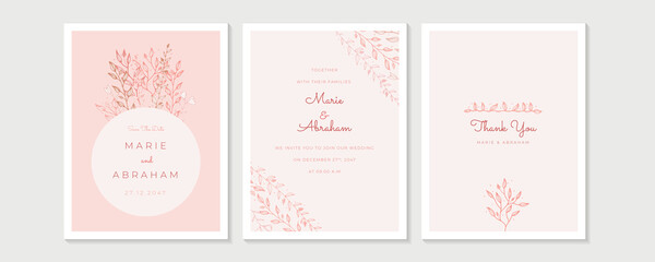 Elegant minimal line art watercolor wedding invitation card with greenery leaves. Minimalist wedding invitation card template design, floral black line art ink drawing with square frame on light grey