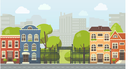 City street illustration. Vector background. House facades, park with gate, urban skyline, decorative trees. Beautiful cityscape.