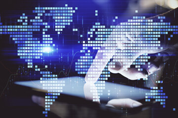 Double exposure of man's hands holding and using a phone and international business theme drawing.