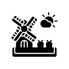 vector illustration of windmill icon. Windmill on the ground with two carrots and sunny day. Use glyph design style