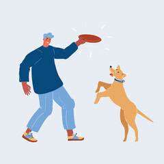 Illustration of man with a dog on a white background.