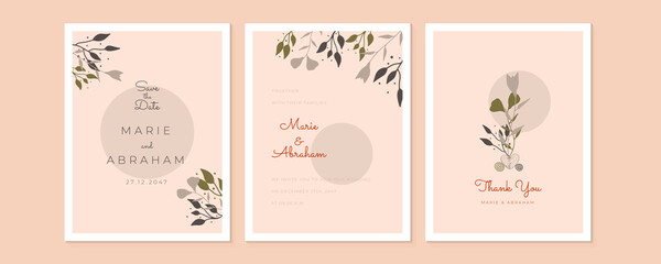 Wedding floral golden invitation card save the date design with pink flowers. Pink green geometry wedding invitation with floral and leaves. Vector birthday invitation for kid and baby