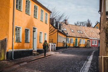 View down the cobblestone streets in Lund, Sweden