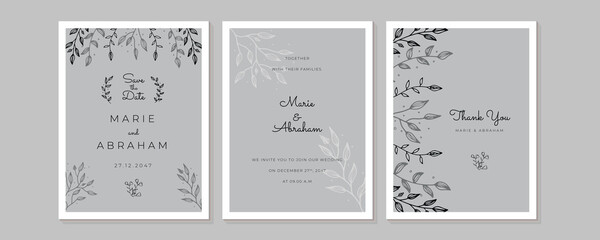 Minimalist wedding invitation card template design, floral black line art ink drawing with square frame on light grey