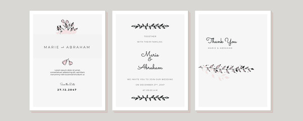 Minimalist wedding invitation card template design, floral black line art ink drawing with square frame on light grey