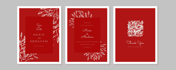 Design wedding invitation template set. Abstract texture elements and golden frames on a black background are hand-drawn with floral and leaf element design
