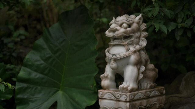 White marble statue of lion with pearl traditional Buddhists protector on postament near lush green tropical plants in temple yard.
