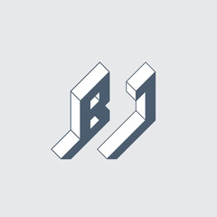 B and J - Monogram or logotype. Isometric 3d font for design. Volume alphabet. Three-dimension letters. BJ - 2-letter code or logo.