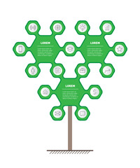 Eco Infographics of sustainable development. Green technology mergers and acquisitions. Tree with three parts and 15 icons.