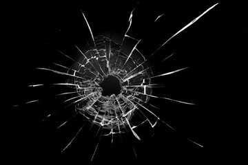 Obraz premium Bullet hole in the glass. Isolated on a black background.