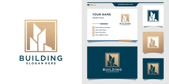 Building logo with square concept. Logo and business card design. Premium Vector