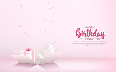 3d happy birthday background with gift box, confetti and balloon.