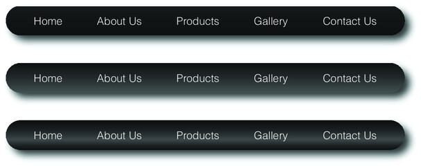 Home, about us, products, Gallery and contact us buttons. Website buttons bar modern concept for projects. Dark interface design. Black and gray icons with reflections and shadows. Eye Comfort night